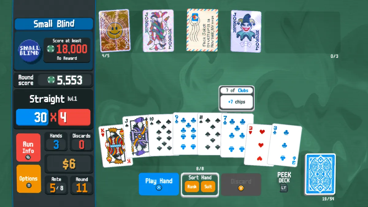 An in-game screenshot of Balatro, showcasing a straight hand about to be played for points.