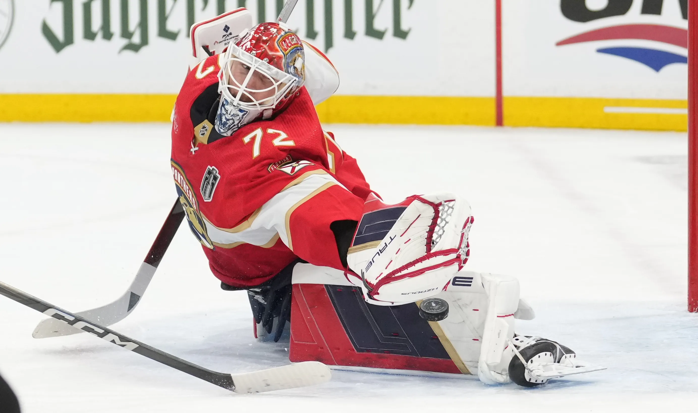 SUNRISE, FL - JUNE 08: Florida Panthers goaltender Sergei Bobrovsky (72) makes a tough save in the first period during game one of the Stanley Cup Finals between the Edmonton Oilers and the Florida Panthers on Saturday, June 8, 2024 at Amerant Bank Area in Sunrise, Fla. (Photo by Peter Joneleit/Icon Sportswire via Getty Images)