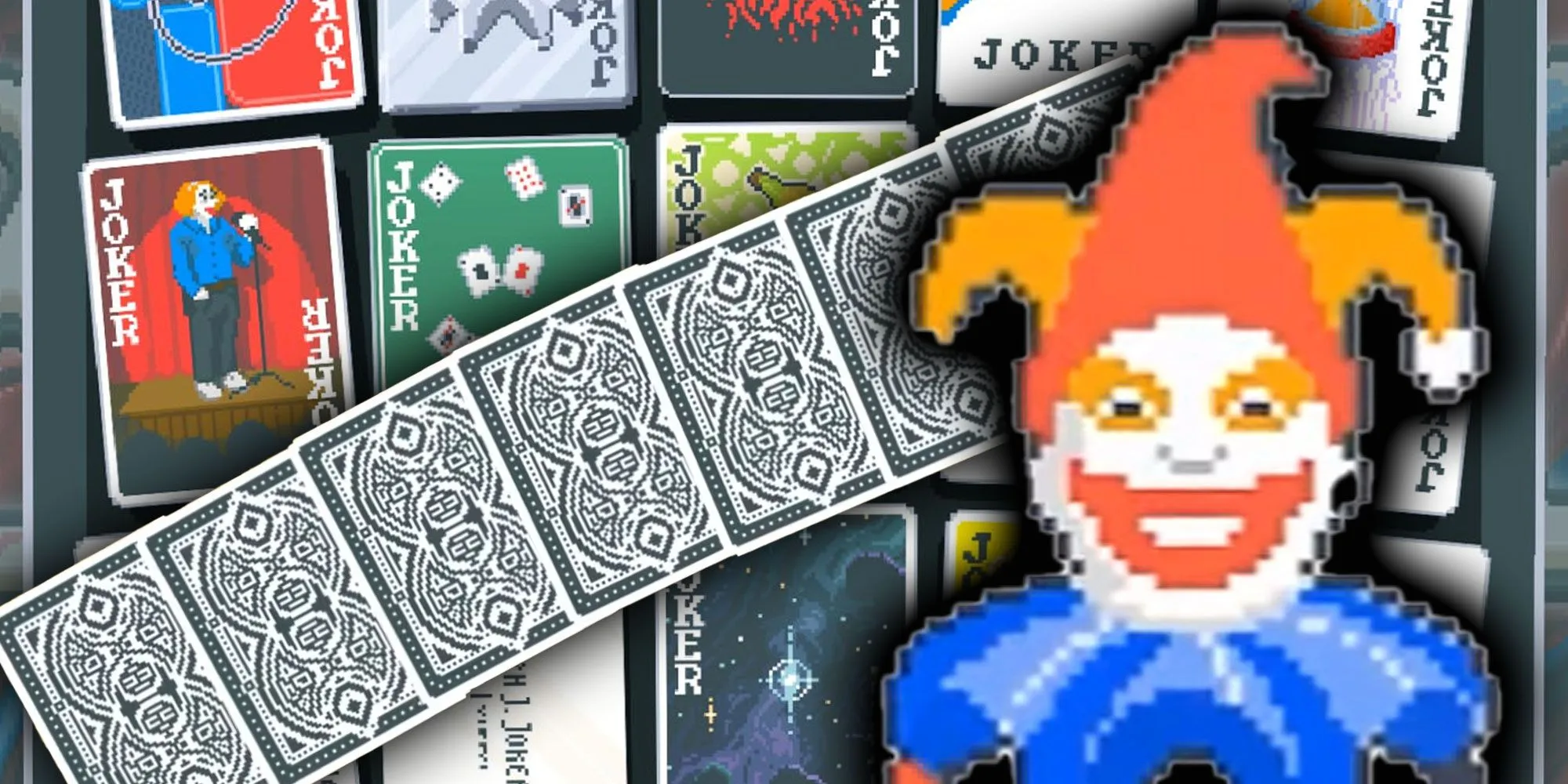 Balatro clown with a deck of cards behind him. 