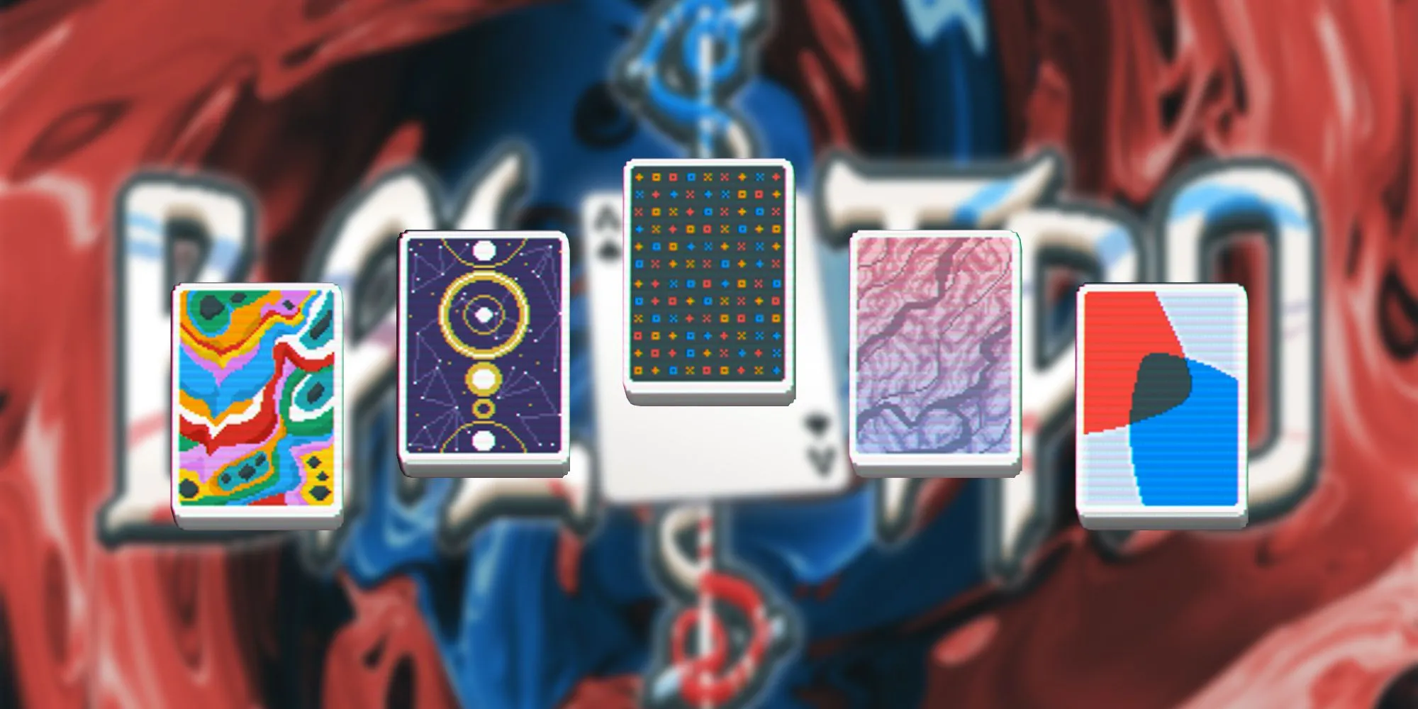 Balatro Best Decks - Five different card back designs on the game’s faded background image