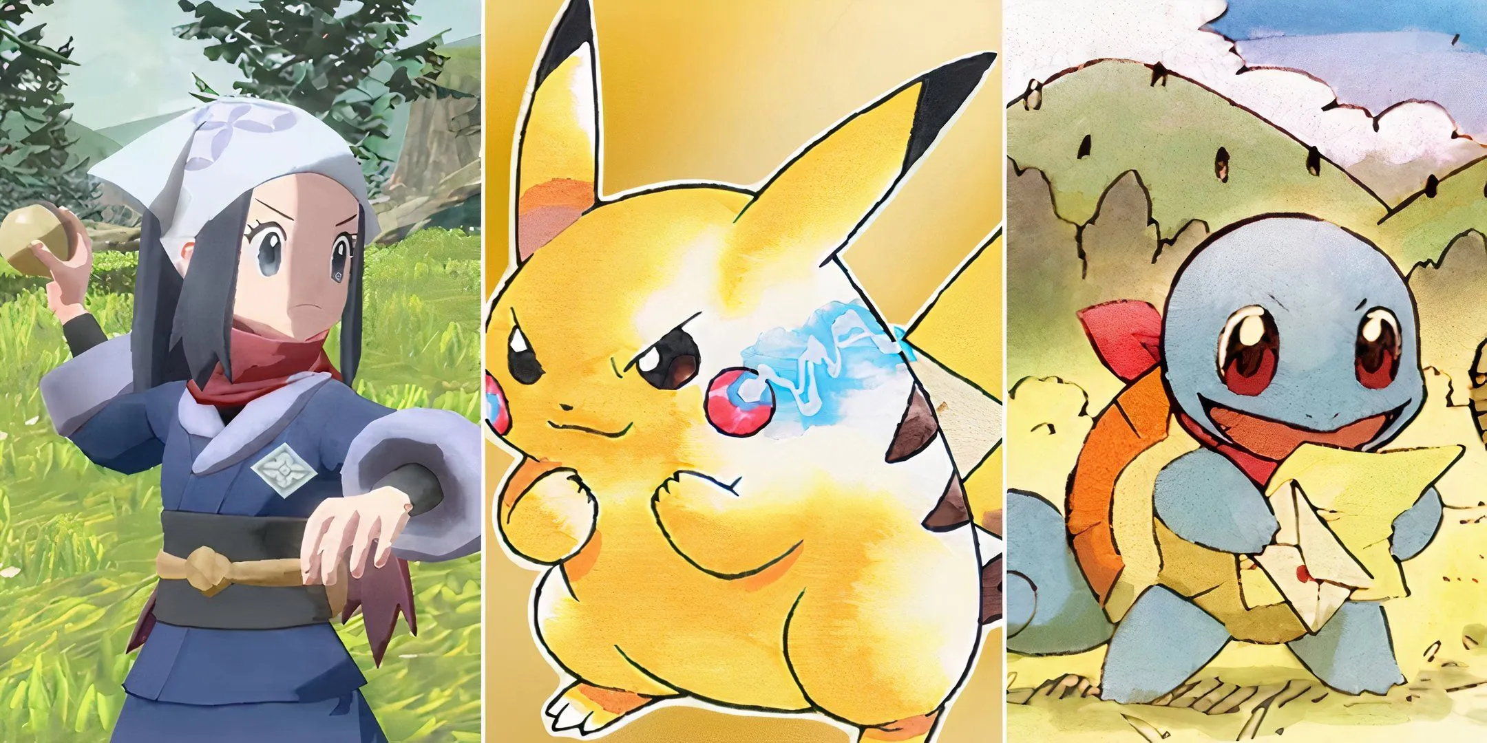 pokemon arceus protagonist throwing pokemon, pikachu art from pokemon yellow, and squirtle from pokemon mystery dungeon