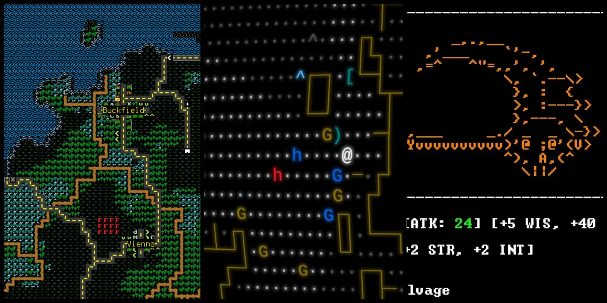 Screenshots from Cataclysm Dark Days Ahead, NetHack Legacy and SanctuaryRPG