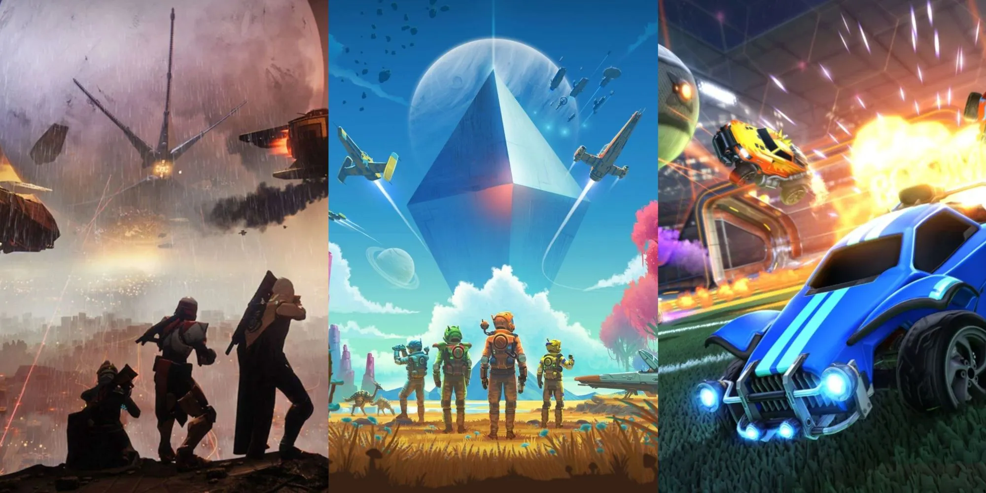 Split Image Of Destiny 2, No Man’s Sky, and Rocket League