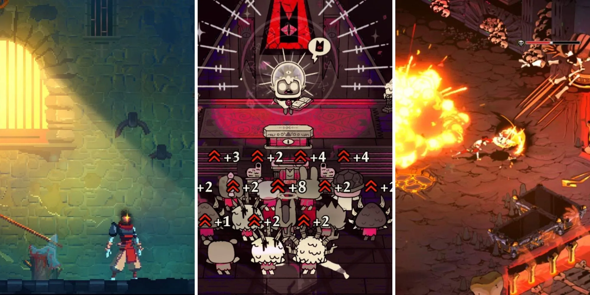 A grid showing the roguelike games Dead Cells, Cult of the Lamb, and Hades