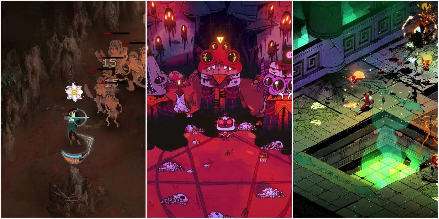 A split image of several games’ gameplay, cult of the lamb, Hades, and Chamber of Morta