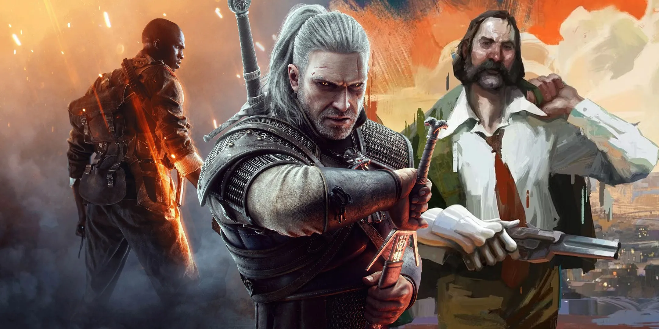 Characters from Battlefield 1, The Witcher 3, and Disco Elysium side-by-side.