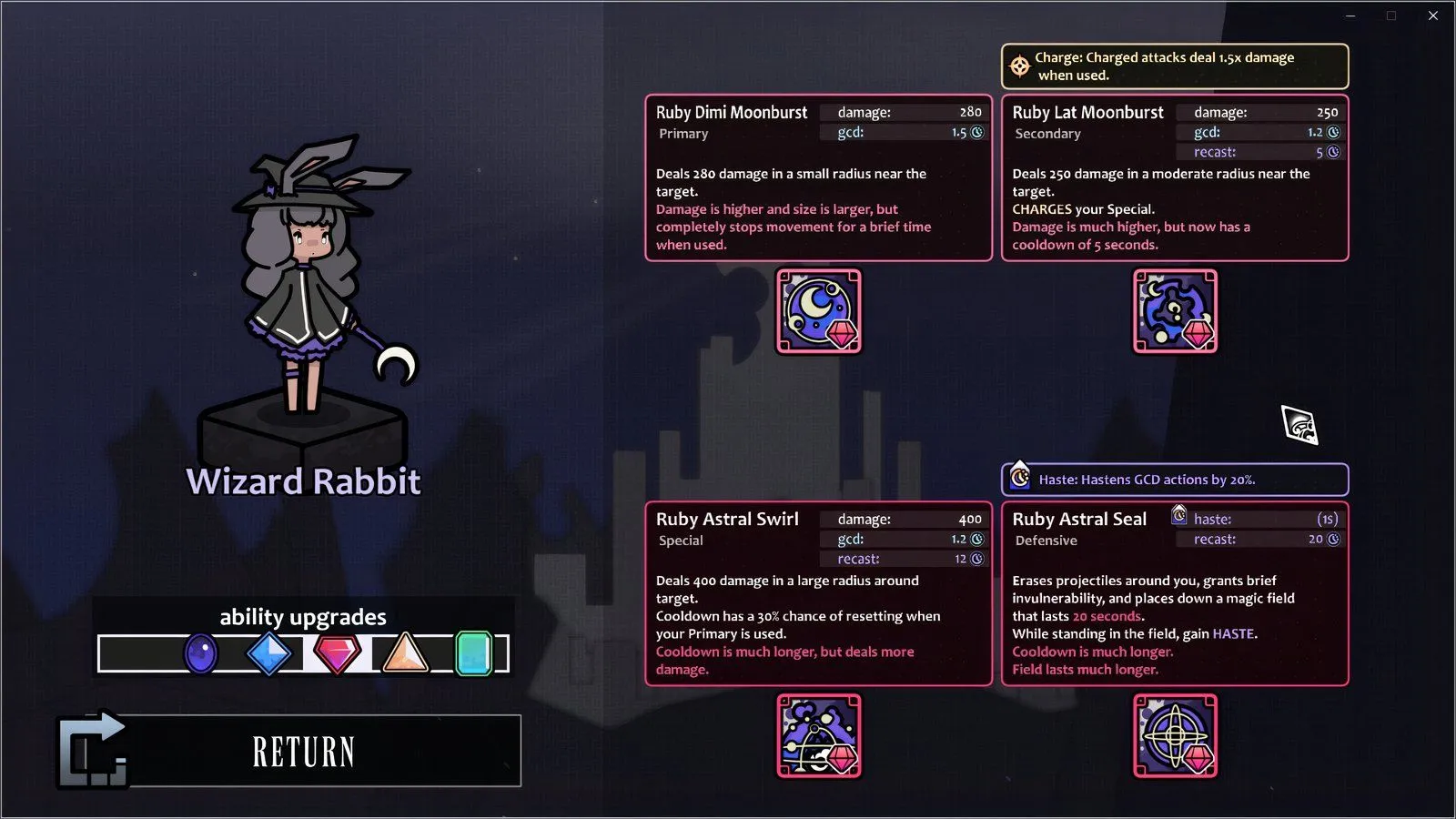 The ruby upgrades for the Wizard Rabbit offer strong tradeoffs that can weaken the player. 