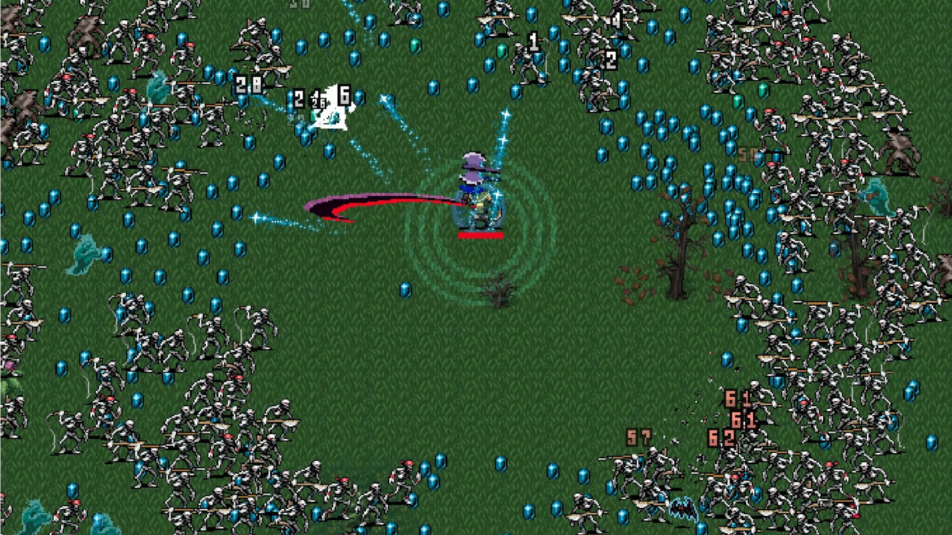 Screenshot of a busy Vampire Survivors screen with a whip attack for best single-player games guide