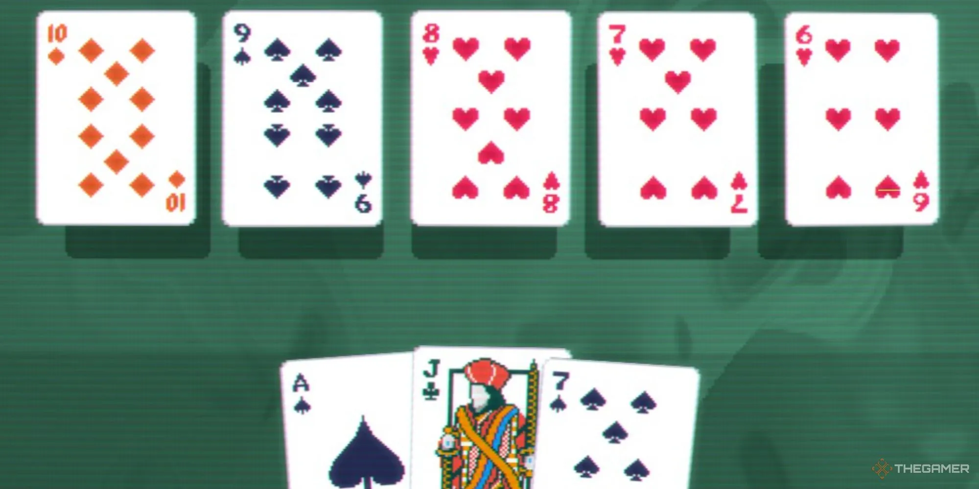 A cropped screenshot from Balatro showing a Straight Poker hand starting at 10 and descending to 6. The three cards left in the players hand can be seen and they include an Ace, a Jack, and a 7.