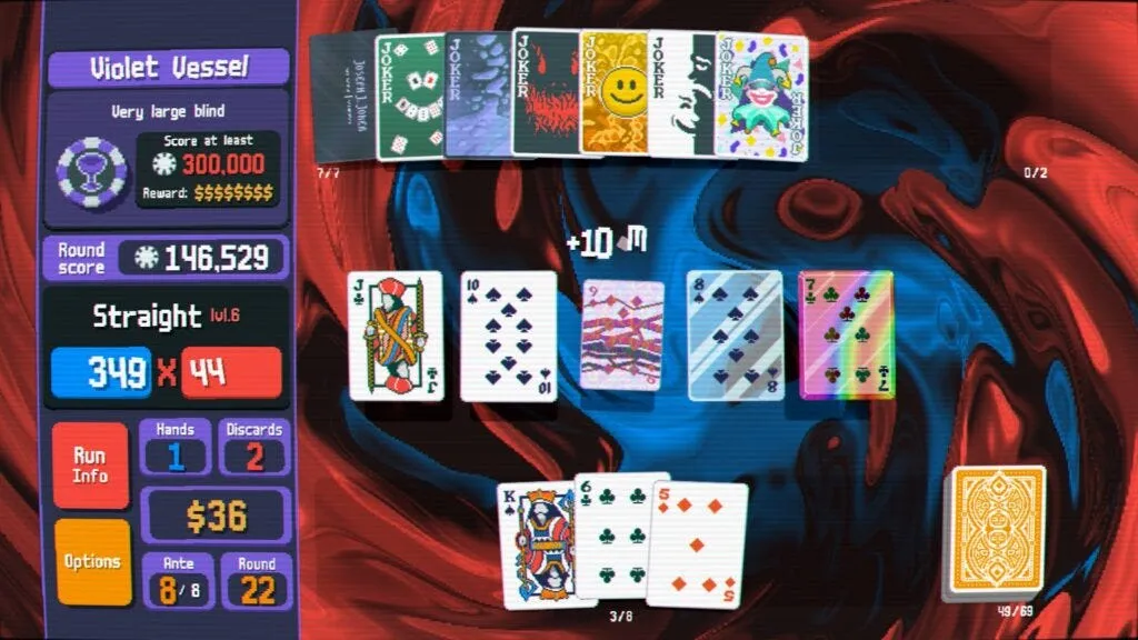 Screenshot from the game; the player’s hand is displayed, adding 10m to their score.