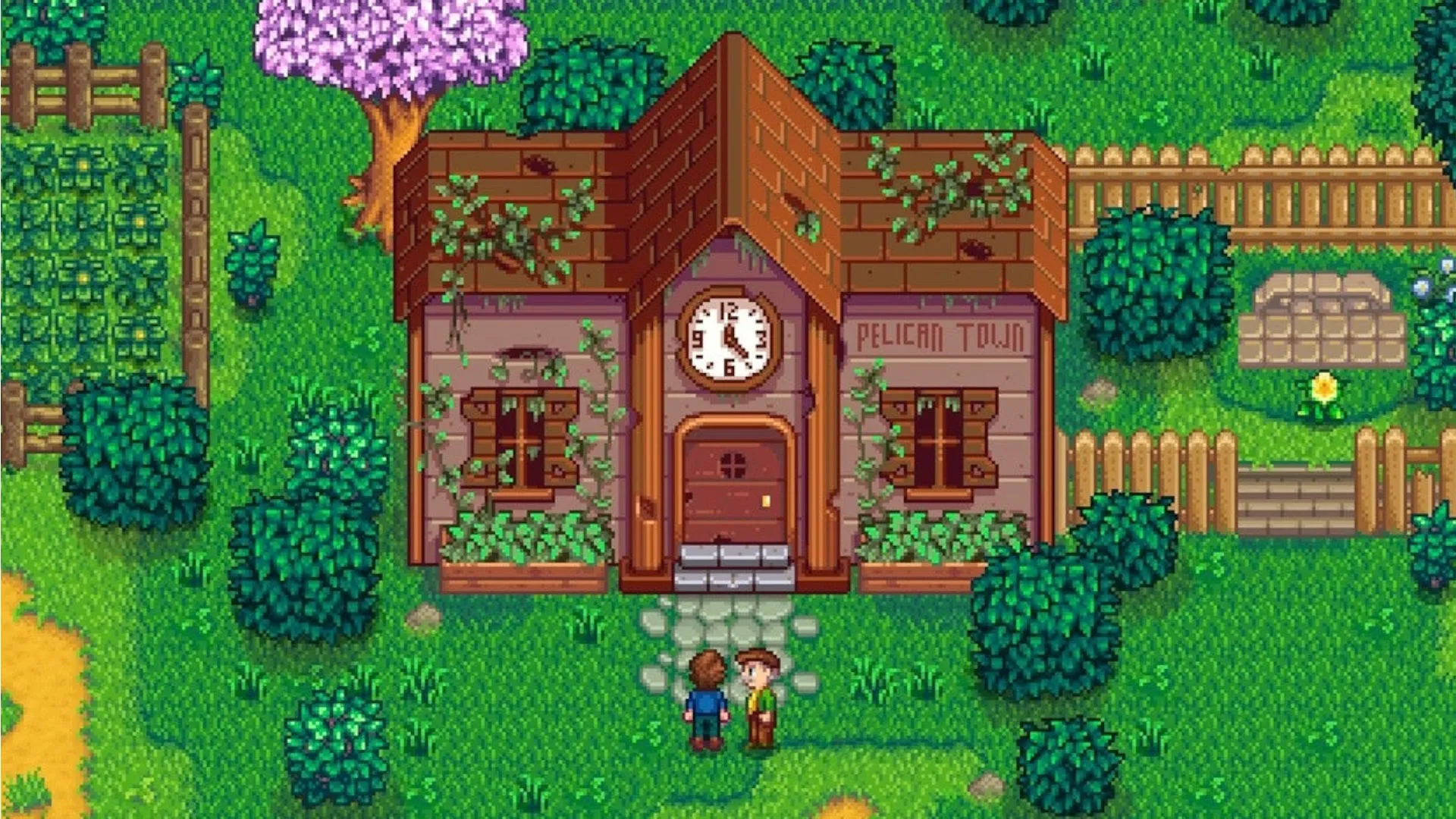 Screenshot of standing outside the community centre in Stardew Valley for best single-player games guide